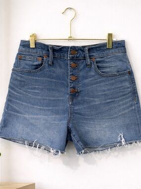 Madewell Distressed High-Rise Button-Fly Denim Shorts - Blue